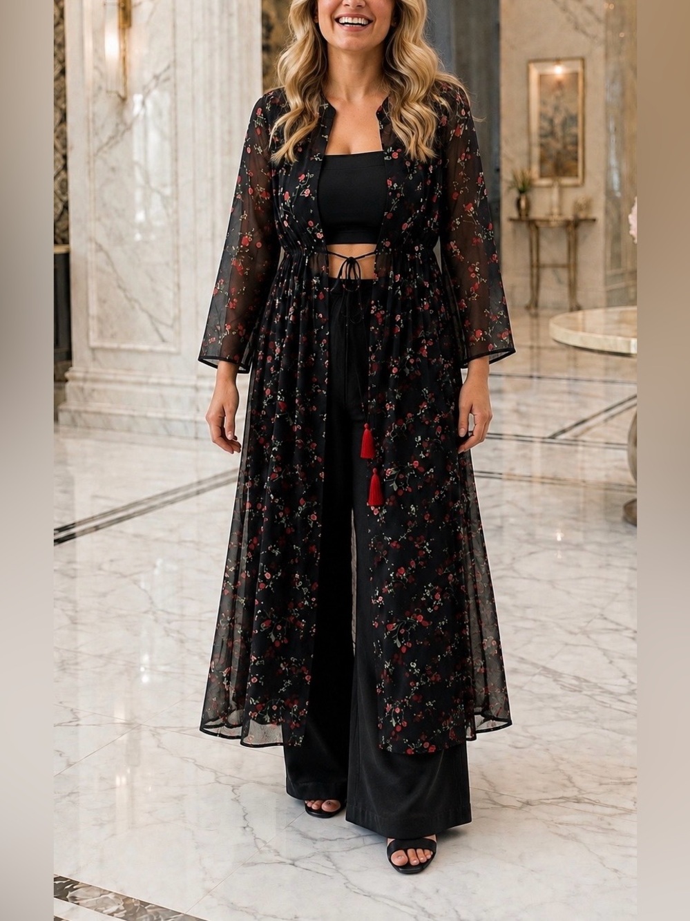 Boutique Duster kimono light weight Foral Chiffon long line Tie Up